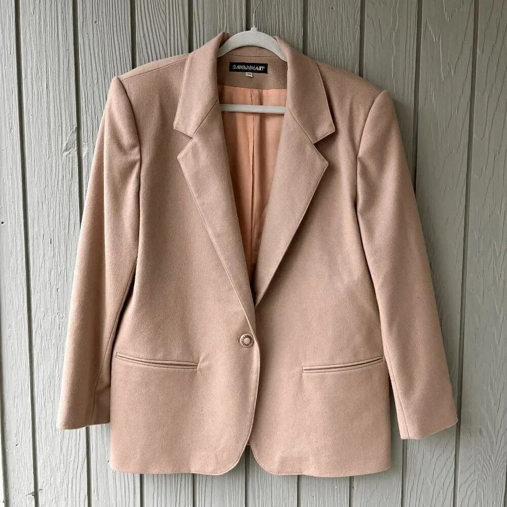 Savannah Union Made Blazer Tan 100% Wool Vintage 80s Minimalist, M/L, USA